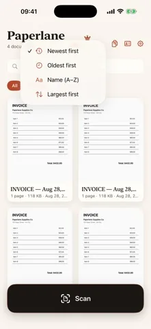 The Paperlane sort menu over a library of scanned documents